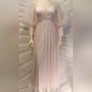 Shein Bishop Button Sleeve Pink Polkadot Sheer Lined Fairycore Princess Dress XS